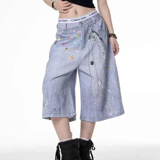 Retro Color Chain Printed Denim Shorts For Women MuddyStock
