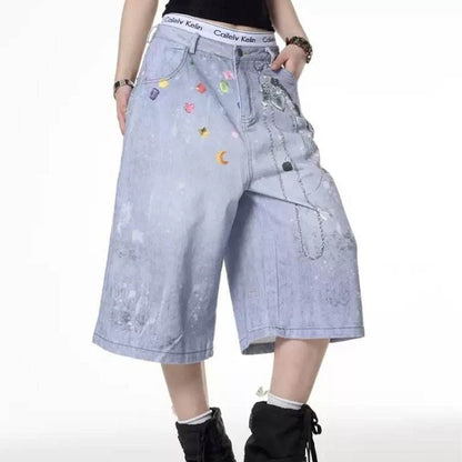 Retro Color Chain Printed Denim Shorts For Women MuddyStock
