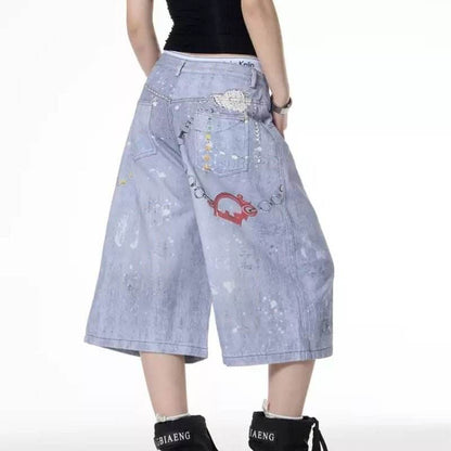 Retro Color Chain Printed Denim Shorts For Women MuddyStock