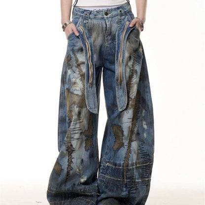 Retro Distressed Stain Dirty Dyed Machete Denim Pants MuddyStock