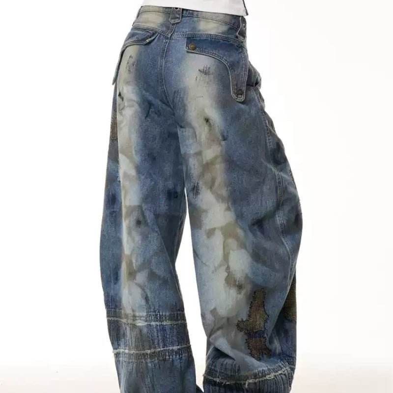 Retro Distressed Stain Dirty Dyed Machete Denim Pants MuddyStock