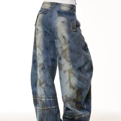 Retro Distressed Stain Dirty Dyed Machete Denim Pants MuddyStock