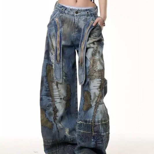 Retro Distressed Stain Dirty Dyed Machete Denim Pants MuddyStock