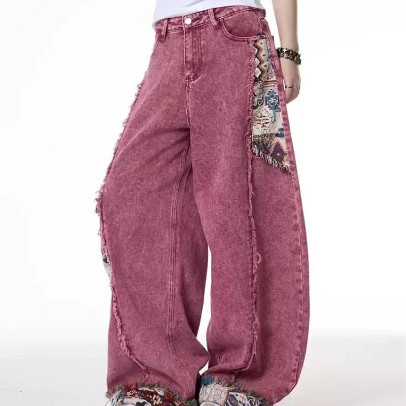 Retro Distressed Stitching Embroidered Jeans Women's Summer Loose Straight MuddyStock