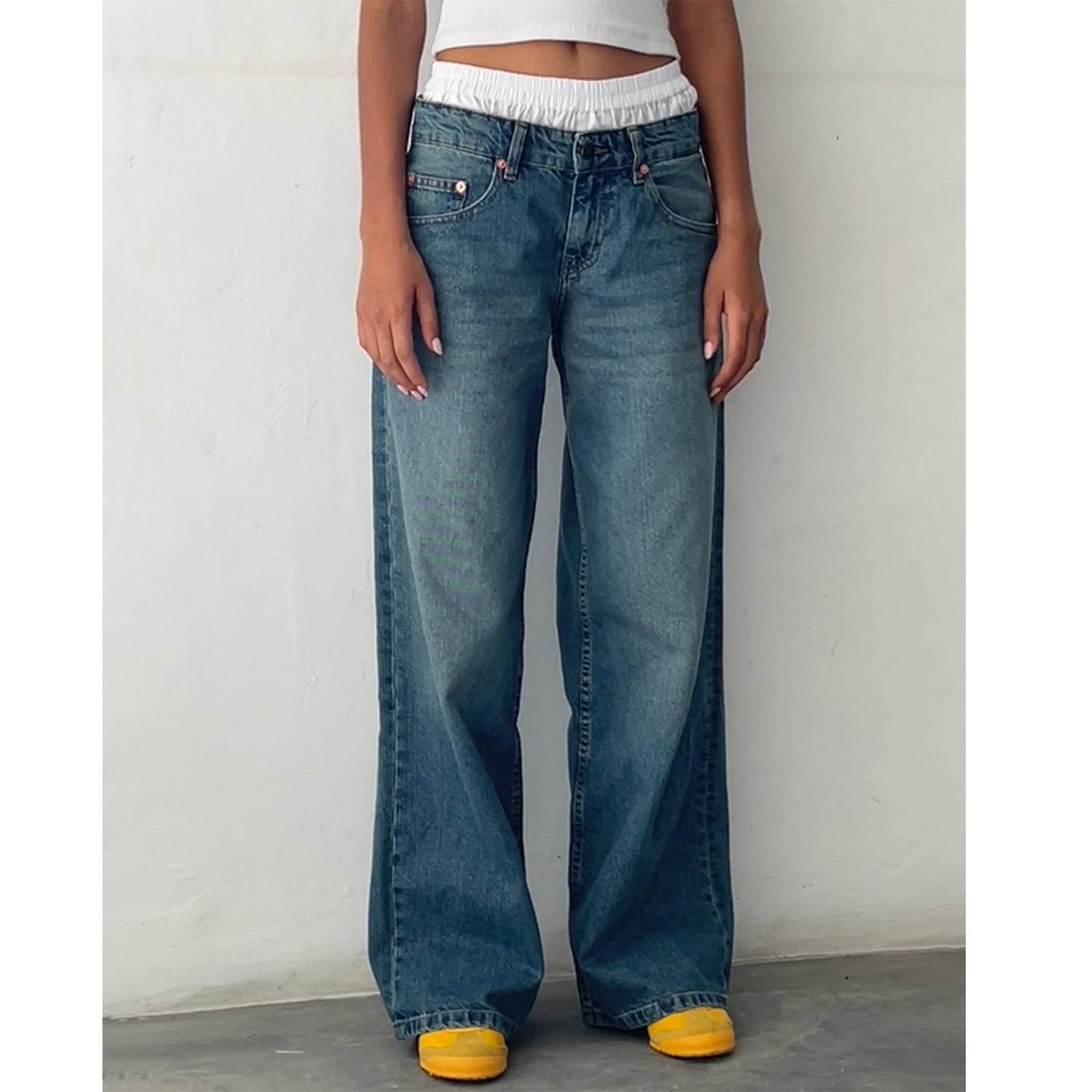 Retro Low Waist Non-elastic Washed Straight Jeans For Women Dark Blue MuddyStock