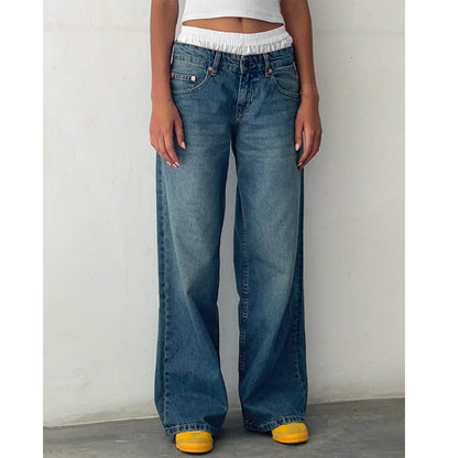 Retro Low Waist Non-elastic Washed Straight Jeans For Women Dark Blue MuddyStock