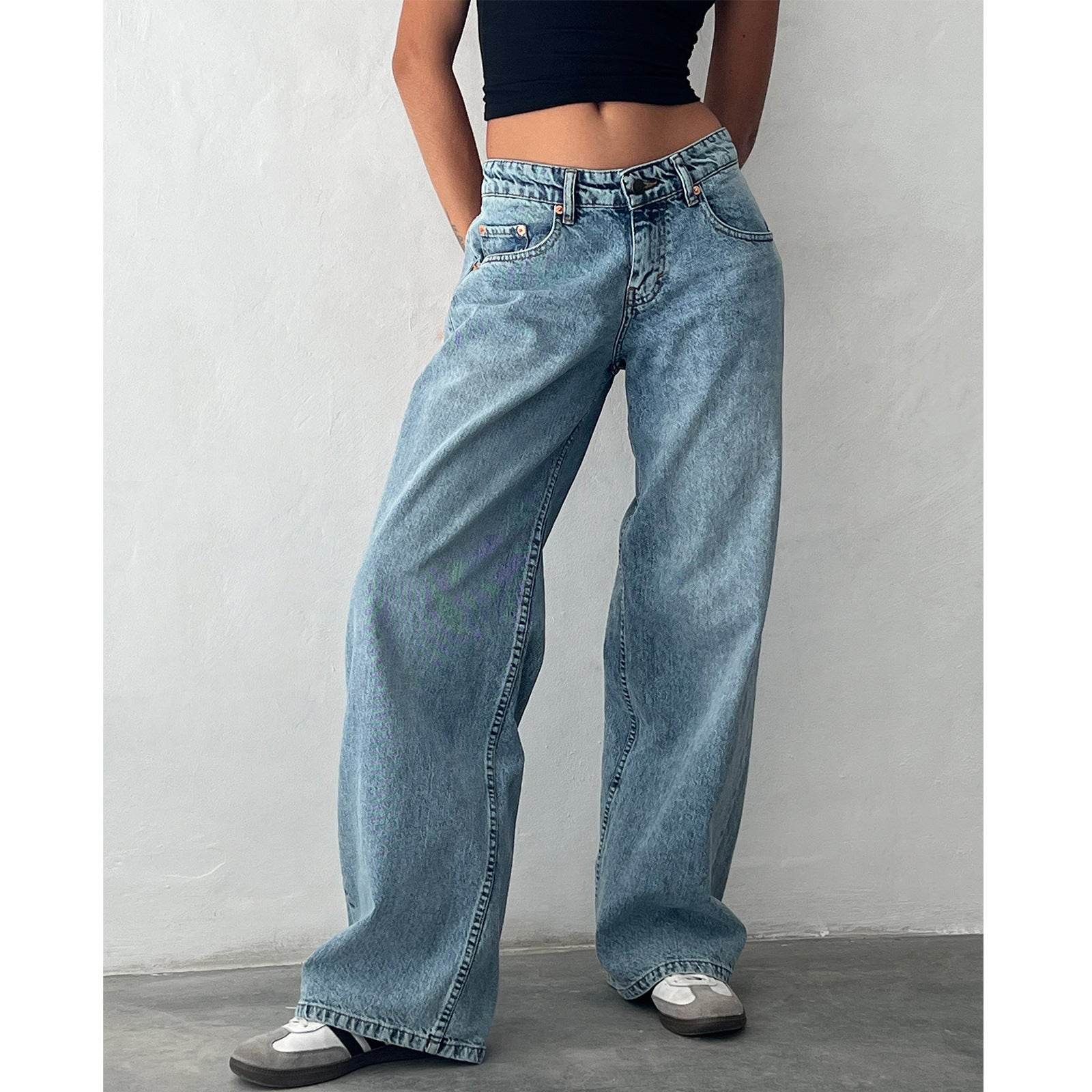 Retro Low Waist Non-elastic Washed Straight Jeans For Women MuddyStock