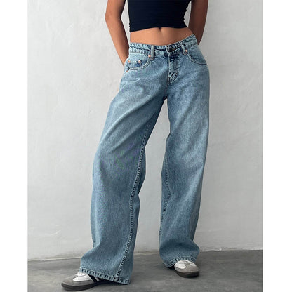 Retro Low Waist Non-elastic Washed Straight Jeans For Women MuddyStock