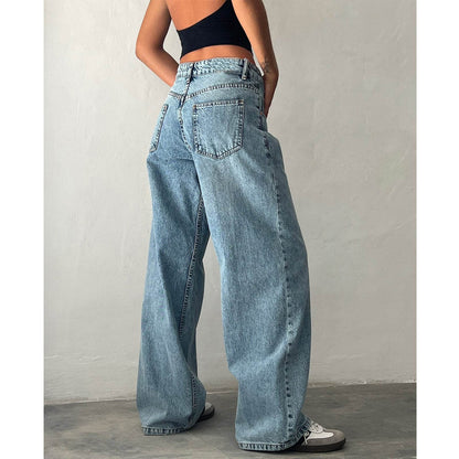 Retro Low Waist Non-elastic Washed Straight Jeans For Women MuddyStock
