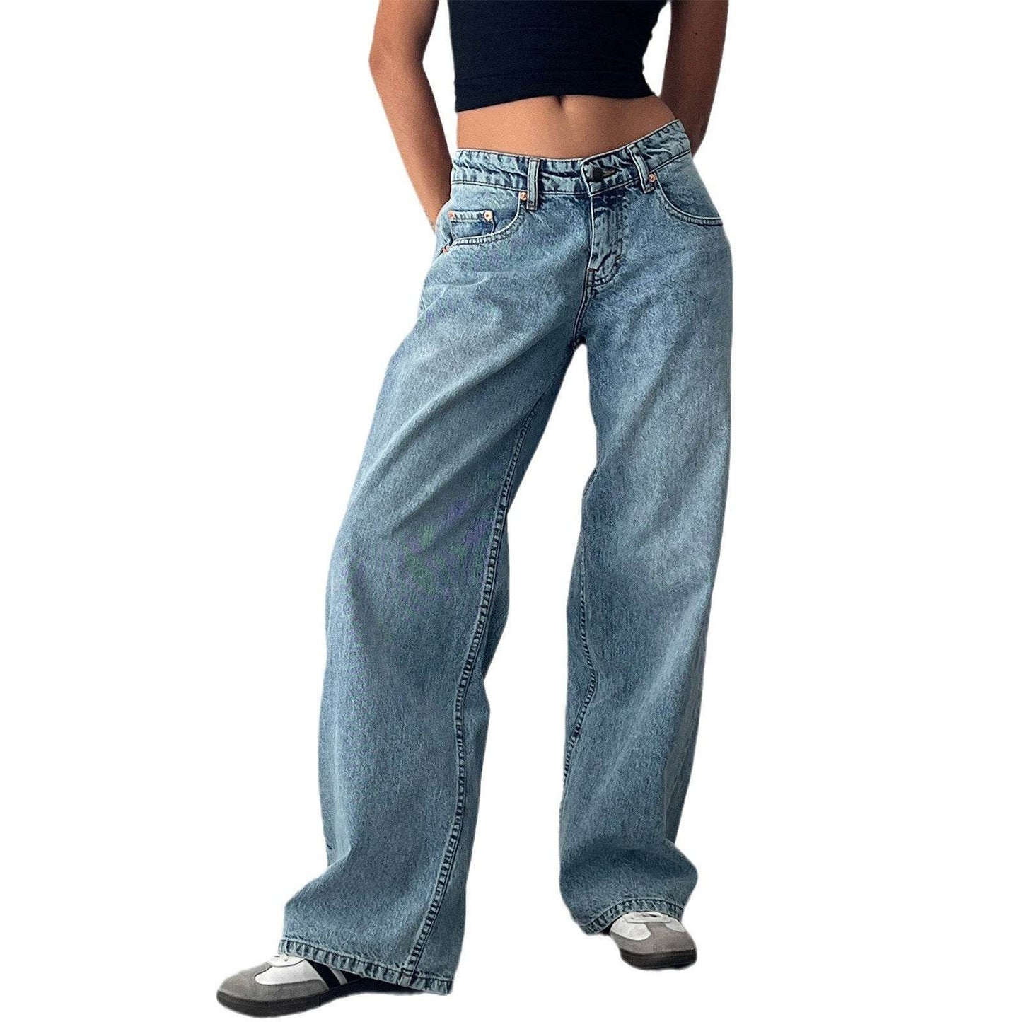 Retro Low Waist Non-elastic Washed Straight Jeans For Women MuddyStock