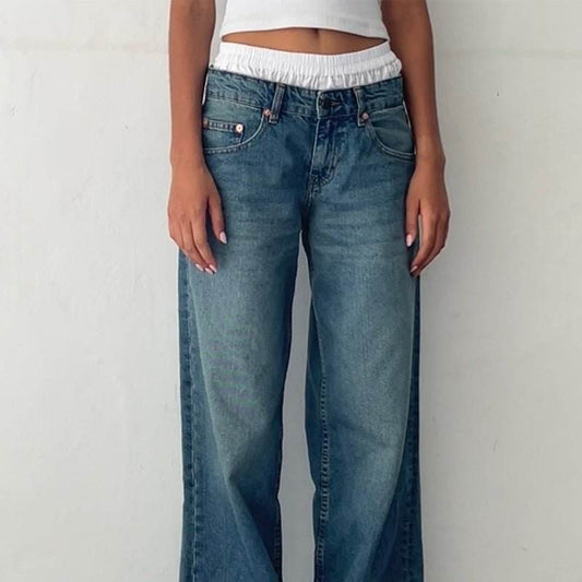 Retro Low Waist Non-elastic Washed Straight Jeans For Women MuddyStock