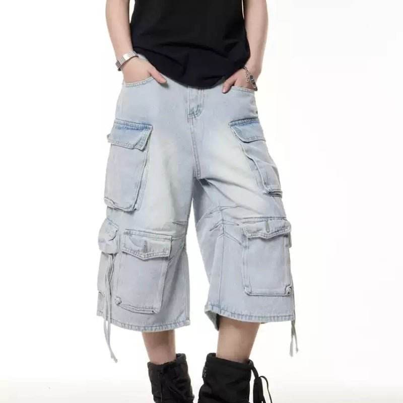 Retro Multi-pocket Denim Cargo Pants Shorts For Men And Women Blue MuddyStock
