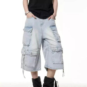 Retro Multi-pocket Denim Cargo Pants Shorts For Men And Women Blue