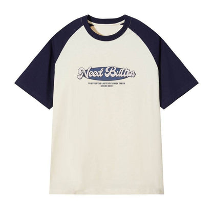 Retro Raglan Color Matching T-shirt For Men Navy Blue Apricot MuddyStock