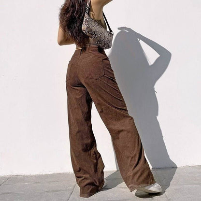Retro Solid Corduroy High Waist Wide Leg Casual Women's Pants MuddyStock