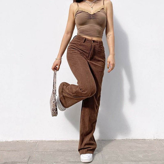 Retro Solid Corduroy High Waist Wide Leg Casual Women's Pants Brown MuddyStock