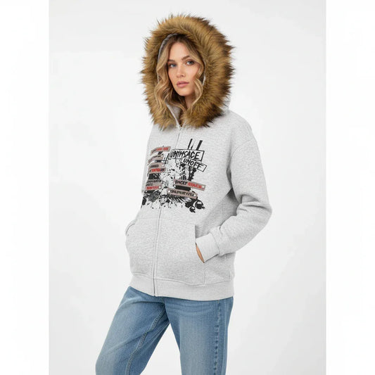 American High Street Decorative Rivets Fur Collar Hoodie For Women MuddyStock