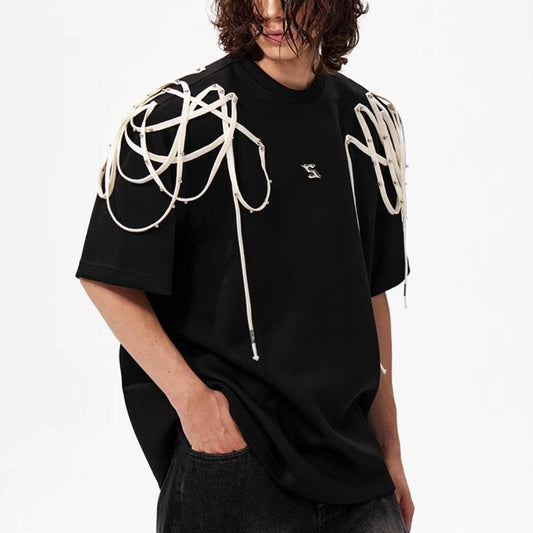 Rivet Ribbon Padded Shoulder Short-sleeved T-shirt MuddyStock