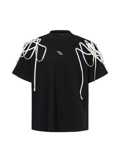 Rivet Ribbon Padded Shoulder Short-sleeved T-shirt MuddyStock