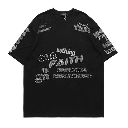 Round Neck Half Sleeve Letter Full Print Short Sleeve T-Shirt For Men And Women Black MuddyStock