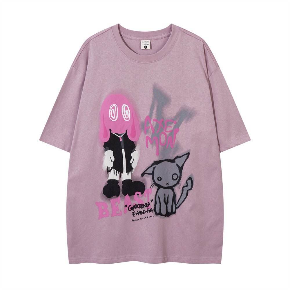 Short-sleeved Hand-painted Abstract Pattern T-shirt For Women Purplish Red MuddyStock