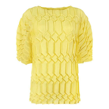 Spring new pleated large size women's loose round neck top | MuddyStock Originals yellow one size MuddyStock