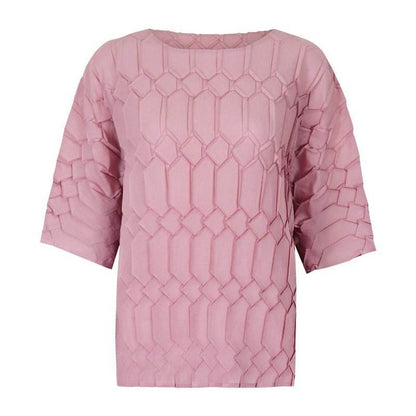 Spring new pleated large size women's loose round neck top | MuddyStock Originals pink one size MuddyStock