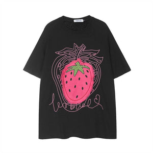 Strawberry Affixed Cloth Embroidered Short Sleeve For Women Black