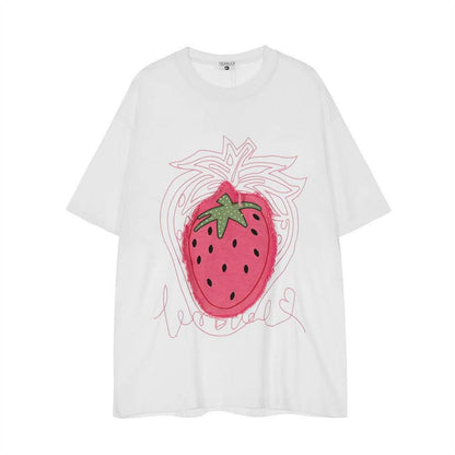 Strawberry Affixed Cloth Embroidered Short Sleeve For Women White MuddyStock