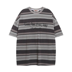 Striped Round Neck Short Sleeve T-shirt For Men And Women Gray