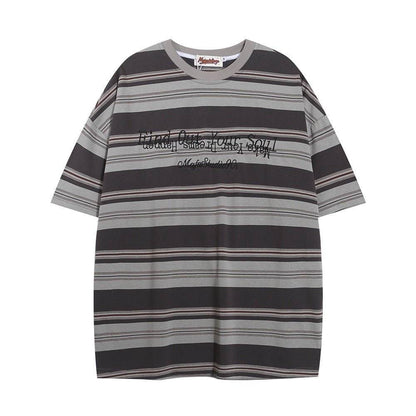 Striped Round Neck Short Sleeve T-shirt For Men And Women Gray MuddyStock