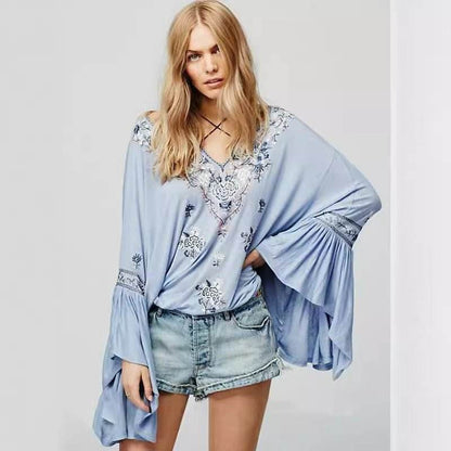 Summer new embroidered fringed V-neck embroidered cotton and linen trumpet sleeve top | MuddyStock Originlals light blue MuddyStock