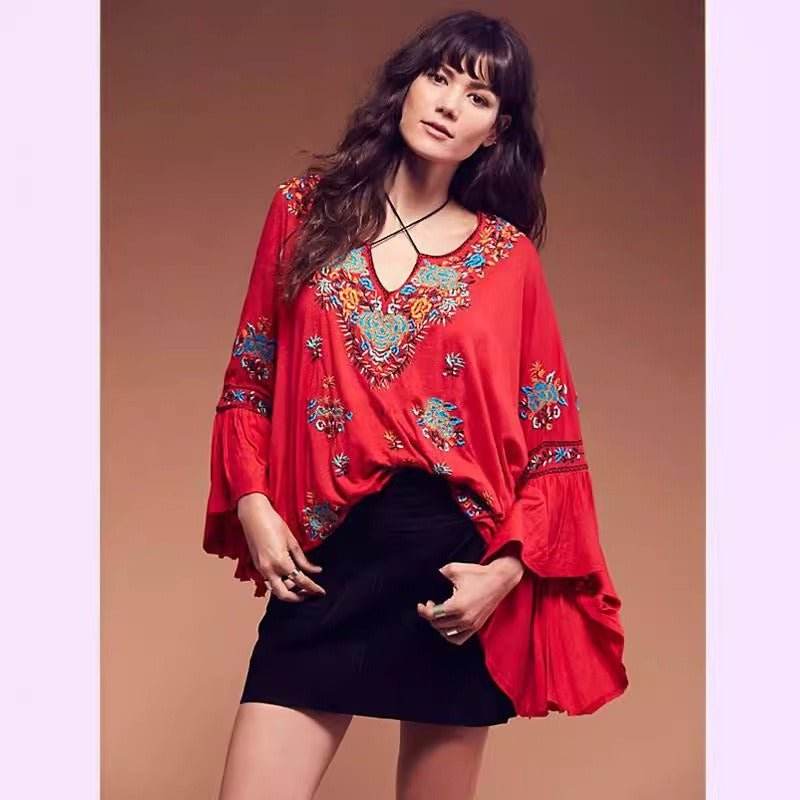 Summer new embroidered fringed V-neck embroidered cotton and linen trumpet sleeve top | MuddyStock Originlals red MuddyStock