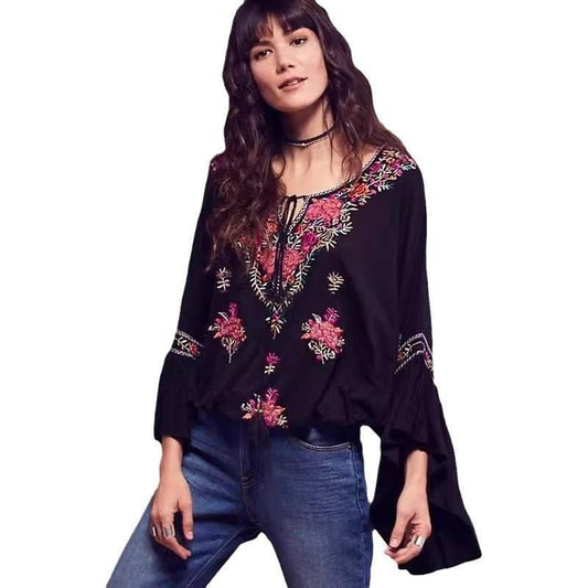 Summer new embroidered fringed V-neck embroidered cotton and linen trumpet sleeve top | MuddyStock Originlals black MuddyStock