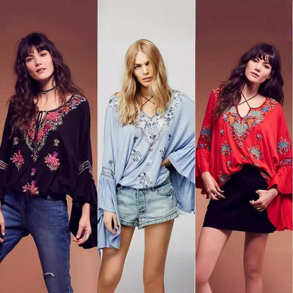 Summer new embroidered fringed V-neck embroidered cotton and linen trumpet sleeve top | MuddyStock Originlals MuddyStock