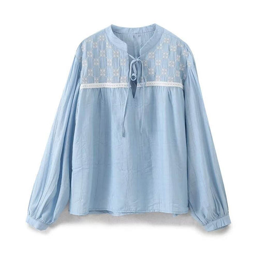 Versatile V-neck lace up loose embroidered top for women | MuddyStock Originals light blue MuddyStock