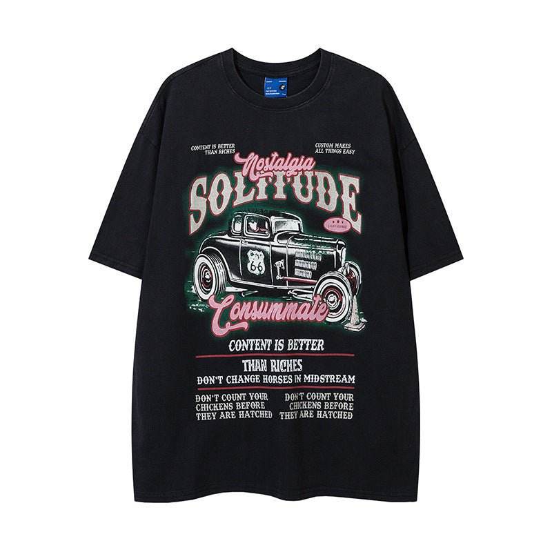 Vintage Car Print Distressed Short Sleeve Men And Women Black MuddyStock