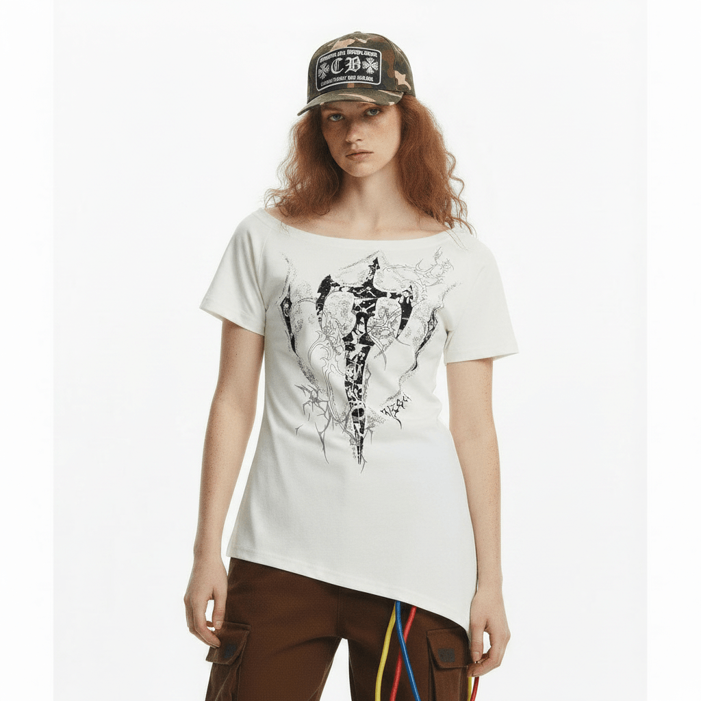 Off-Shoulder Cross Print Irregular Pure Seductive Style Fitted Top | MuddyStock Originals