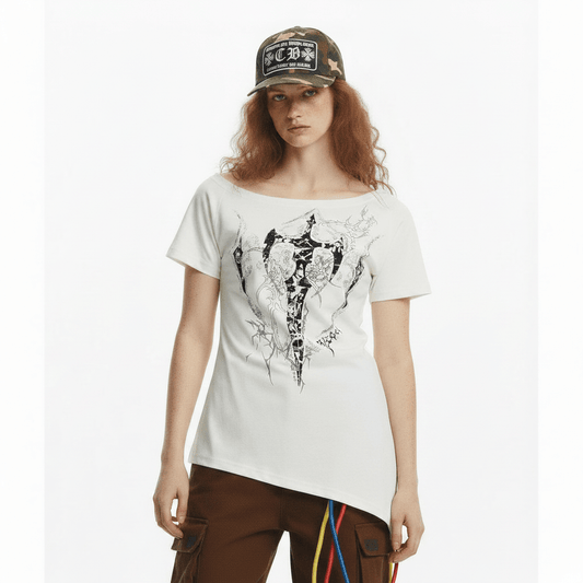 Off-Shoulder Cross Print Irregular Pure Seductive Style Fitted Top | MuddyStock Originals