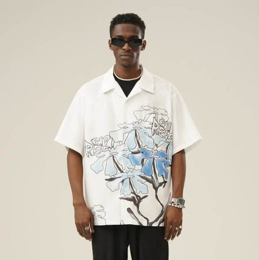 White Hook Line Smudged Flowers Short-Sleeved Men Trendy Loose Couple Shirt MuddyStock