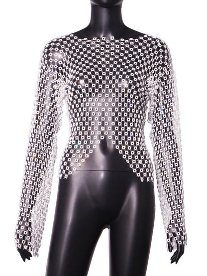 Women's Fashion Hollowed-out Mesh Rhinestone Small Top MuddyStock