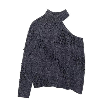 Women's new style shoulder opening hollow bead knitted sweater | MuddyStock Originals MuddyStock