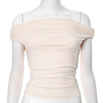 Women's Solid Color Pleated Off-shoulder Slim Off-shoulder Top MuddyStock