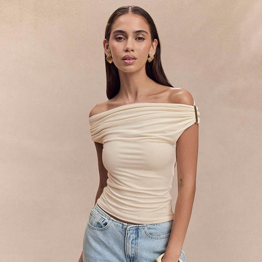 Women's Solid Color Pleated Off-shoulder Slim Off-shoulder Top MuddyStock